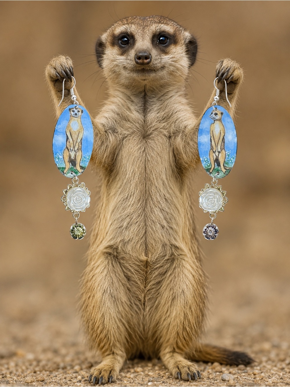 Adorable hand, Painted meerkat dangle earrings charm sterling wires suricat OOAK